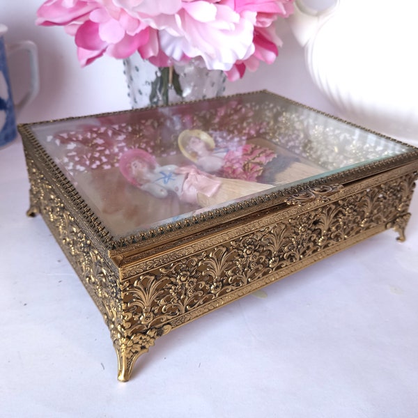 Vintage Footed Ormolu Jewelry Casket Box, Glass Gold Filigree Vanity Box. Footed Jewelry Casket, Antique Gift For Her, Gift for Wedding