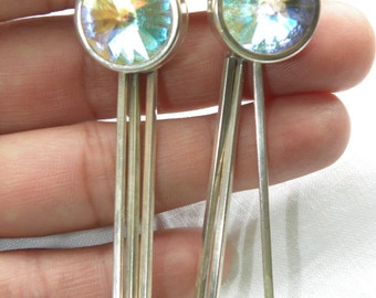 Sterling Silver Dangle Earrings Crystal Aurora Stone Earrings, Handcrafted Retro Modern 1980s, Chandelier Earrings