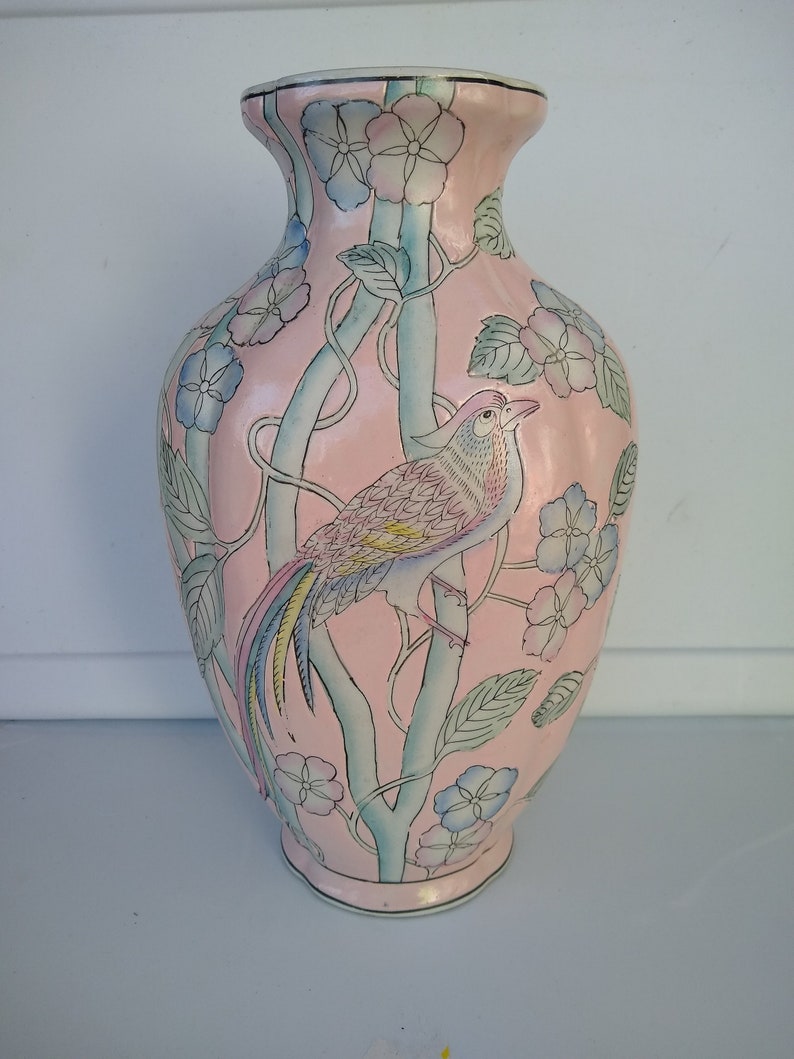 Asian Ginger Jar Vase Pink Chinoiserie Ginger Jar Vase Birds Etsy
