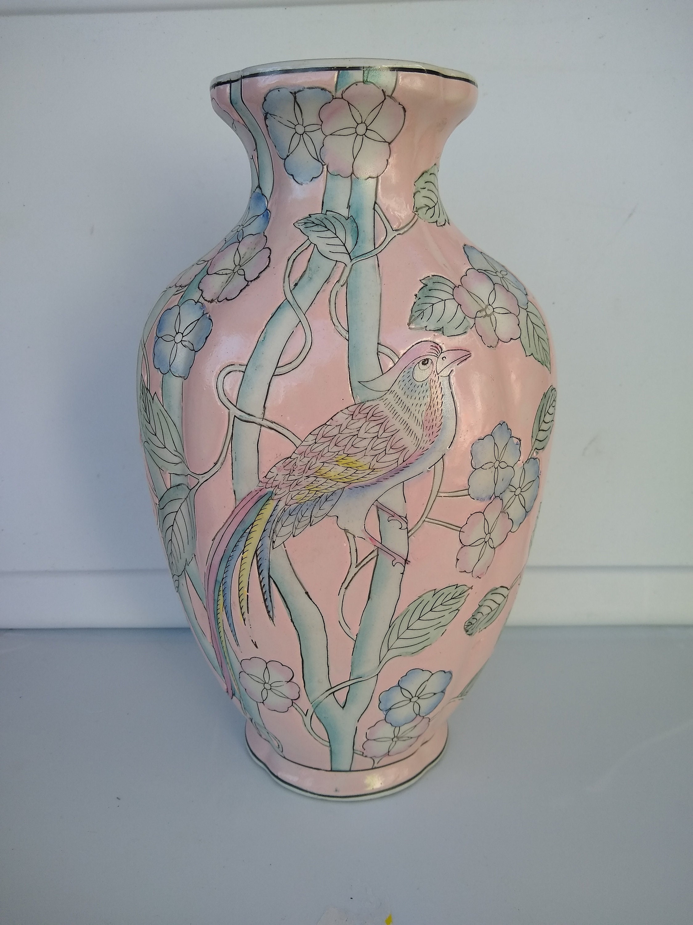 Asian Ginger Jar Vase Pink Chinoiserie Ginger Jar Vase Birds Etsy