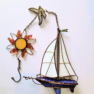 Stained Glass Galleon Ship Boat Suncatcher with Sun Ray and Seagull: Nautical Boat Suncatcher Window Decor