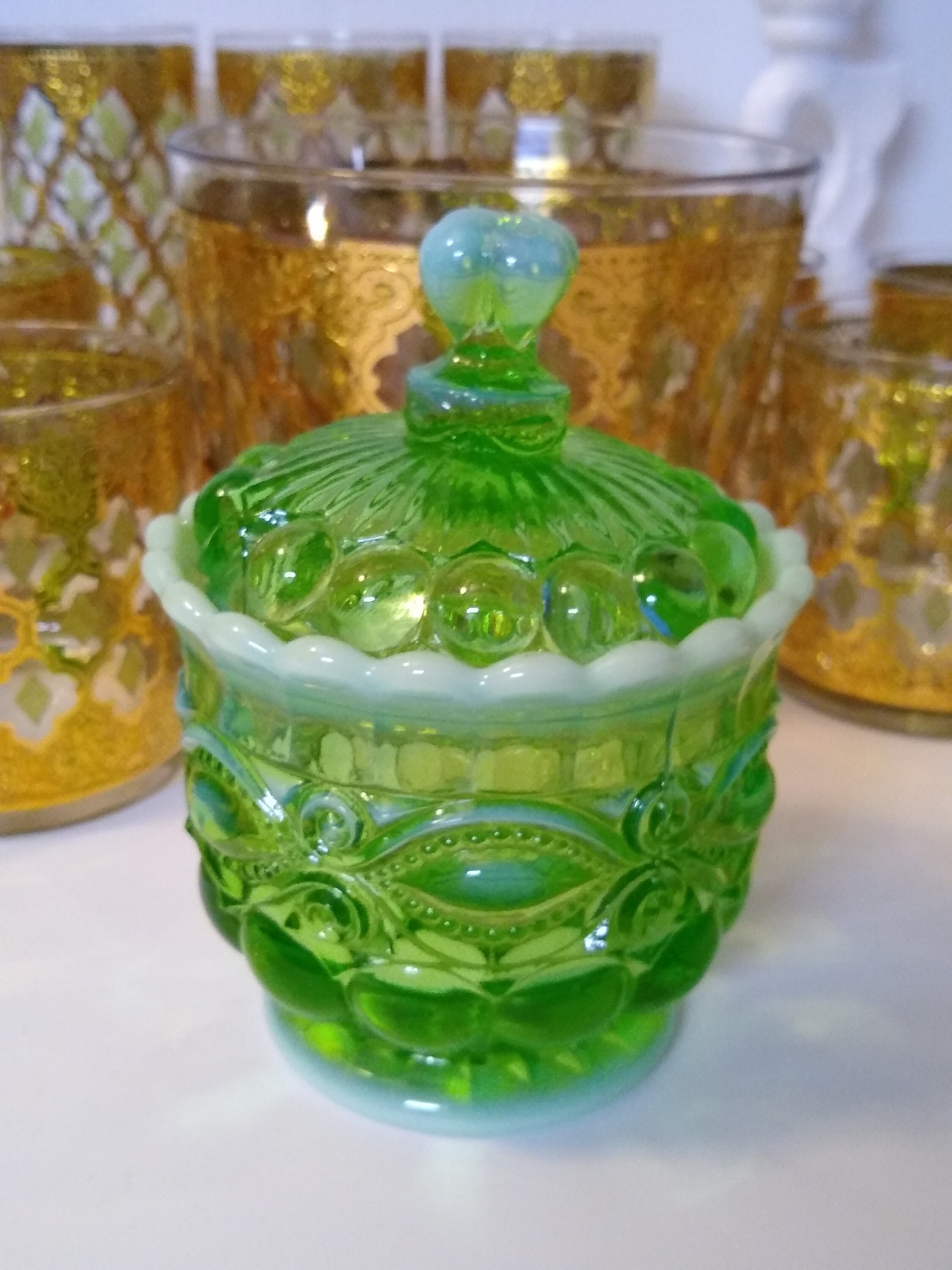 Salt Cellar Dip Mosser USA Tiny Bowl Eyewinker Green Opalescent Glass Salt Cellar Dip Mosser USA Tiny Bowl Eyewinker Green Opalescent Glass