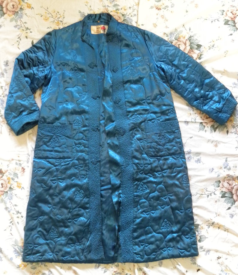 Vintage Textile Blue Quilted Coat Nice! Oriental Blue Quilted Evening Cocktail Jacket Coat Peony Shanghai