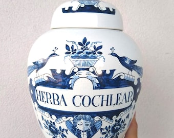 Delft Holland Blue White Tobacco Ginger Jar Hand Painted, Delft Blue Apothecary Herba Cochlear Ginger Jar 12" tall