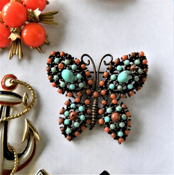 Butterfly Brooch Bright Orange Stones and Turquois