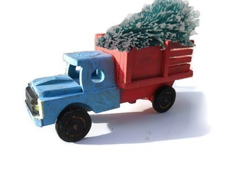 Vintage Wooden Toy Pickup Truck, Red and Blue Toy Truck Chippy Paint, Rustic Country Toy Truck Decor, Charming Nostalgic Toy Truck