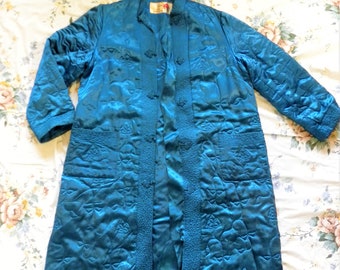 Vintage Blue Quilted Silk Cocktail Coat with Lotus Quilted Design, 1960s Quilted Bohemian Evening Jacket