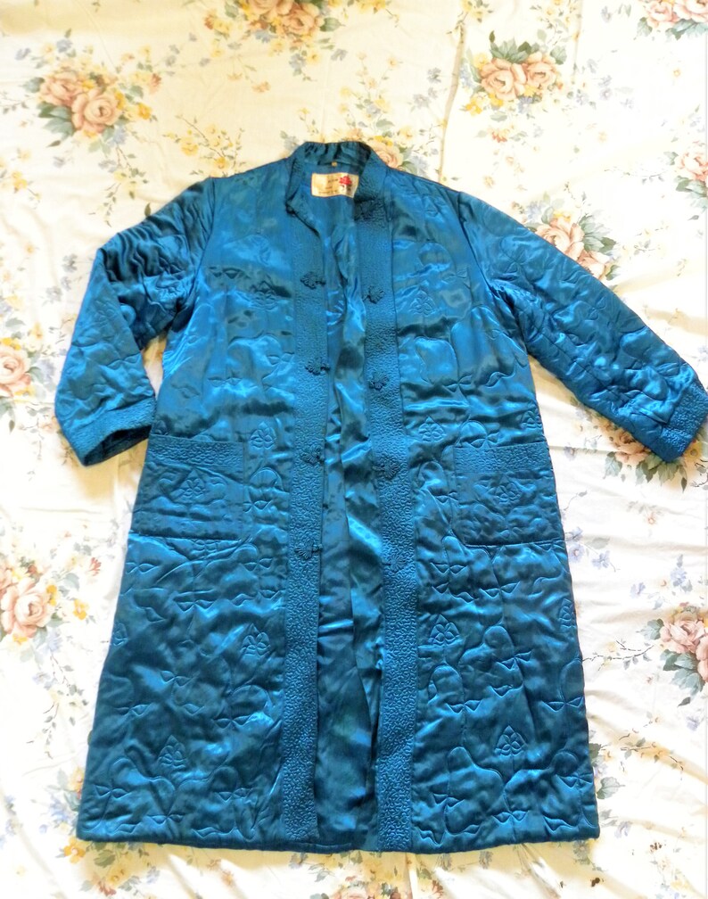 Vintage Textile Blue Quilted Coat Nice! Oriental Blue Quilted Evening Cocktail Jacket Coat Peony Shanghai