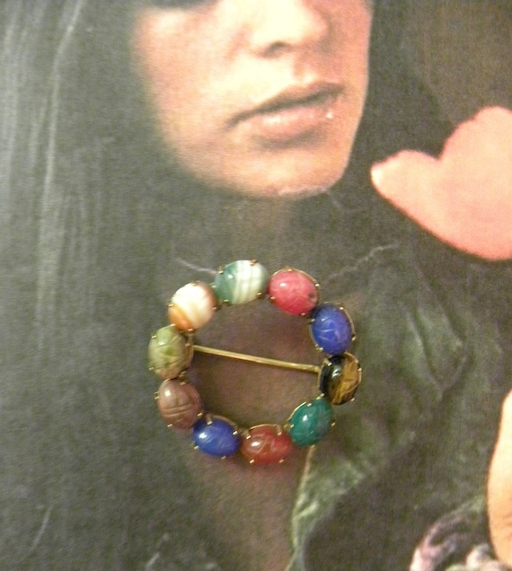 Vintage Multicolored Jade Scarab Pin 12K gf Signe… - image 1