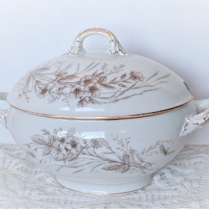 Antique White Ironstone Tureen: Brown Transferware Floral & Insect Design