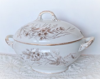 Antique French Tureen Soup Bowl White Porcelain with Brown Transferware Floral Insect Butterflies Fauna Design w Gold Accent