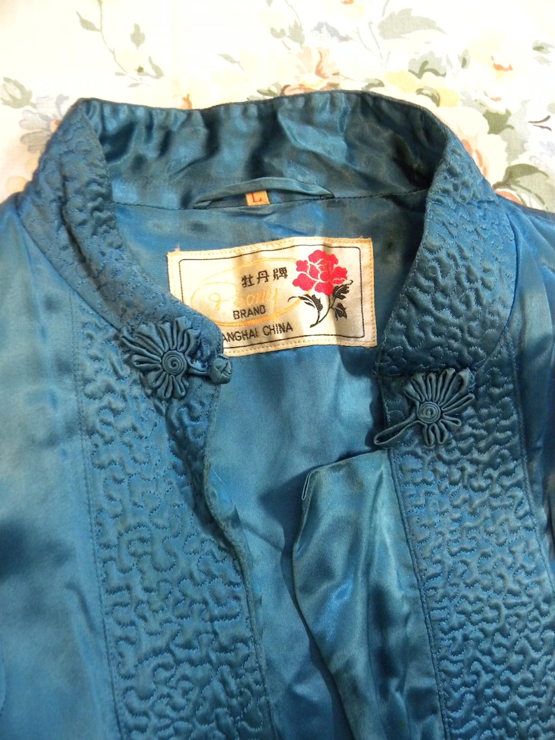 Vintage Textile Blue Quilted Coat Nice! Oriental Blue Quilted Evening Cocktail Jacket Coat Peony Shanghai