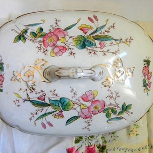 Antique Ironstone Casserole Dish: Nassau Chinoiserie Floral Serving Bowl with Lid