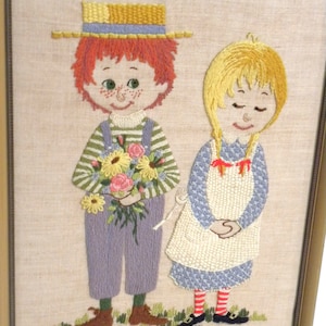 Vintage Crewel Embroidery Country Boy Girl with Flowers, The Happy Couple Crewel Embroidery on Linen Wood Frame, Country Cottage Wall Art