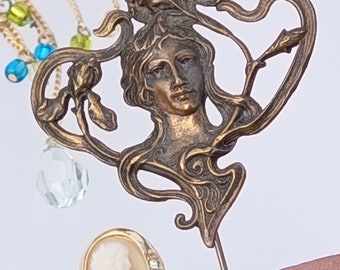 Art Nouveau Bronze Cameo Stick Pin, Female Head with Orchid Stick Pin