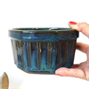 May include: A blue and brown ceramic planter with vertical lines around the sides.