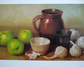 Henk Bos Lithograph Print Mid Century Still Life Green Apples Fruit Pitcher Garlic DAC New York ©1971