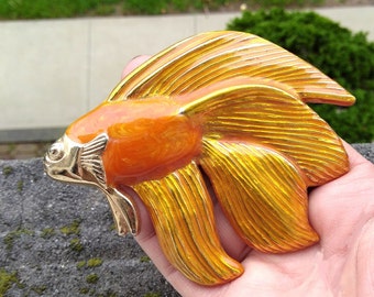 Large Sculptural Fish Buckle MIMI Di N Signed, Gold Metal Enamel Fish Buckle with Orange Enamel Vintage / Upcycle Repurposed Buckle Pendant