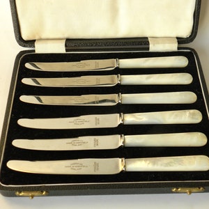 Antique Viner&#39;s Sheffield England Mother of Pearl Knife Set of 6x, Stainless De-Luxe Mother of Pearl Handle, Sheffield Knife Mother of Pearl