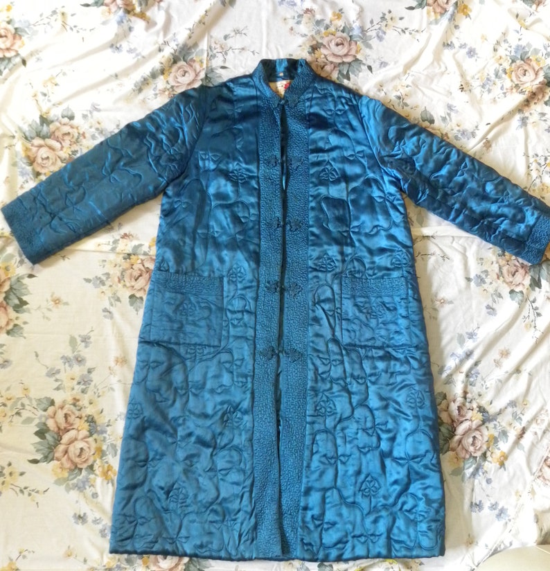 Vintage Textile Blue Quilted Coat Nice! Oriental Blue Quilted Evening Cocktail Jacket Coat Peony Shanghai
