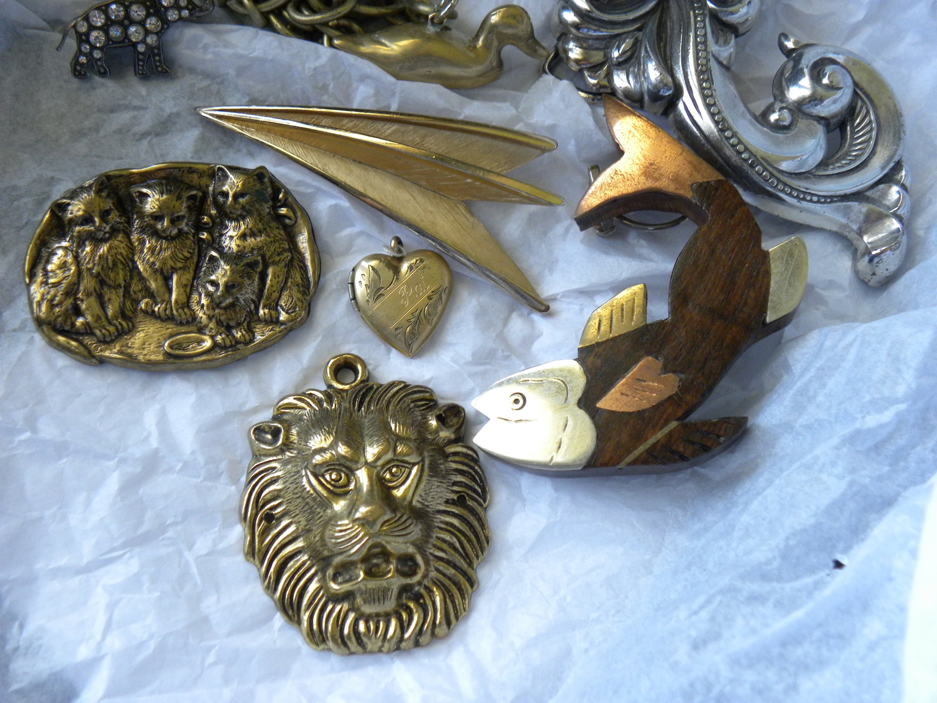 Broche Chat Ancienne En Laiton émaillé - Début 1900 - Occasion - Bijou Vintage