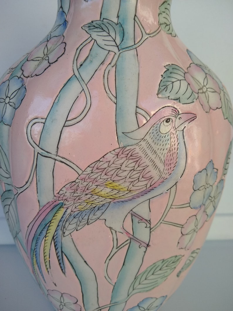 Asian Ginger Jar Vase Pink Chinoiserie Ginger Jar Vase Birds Etsy
