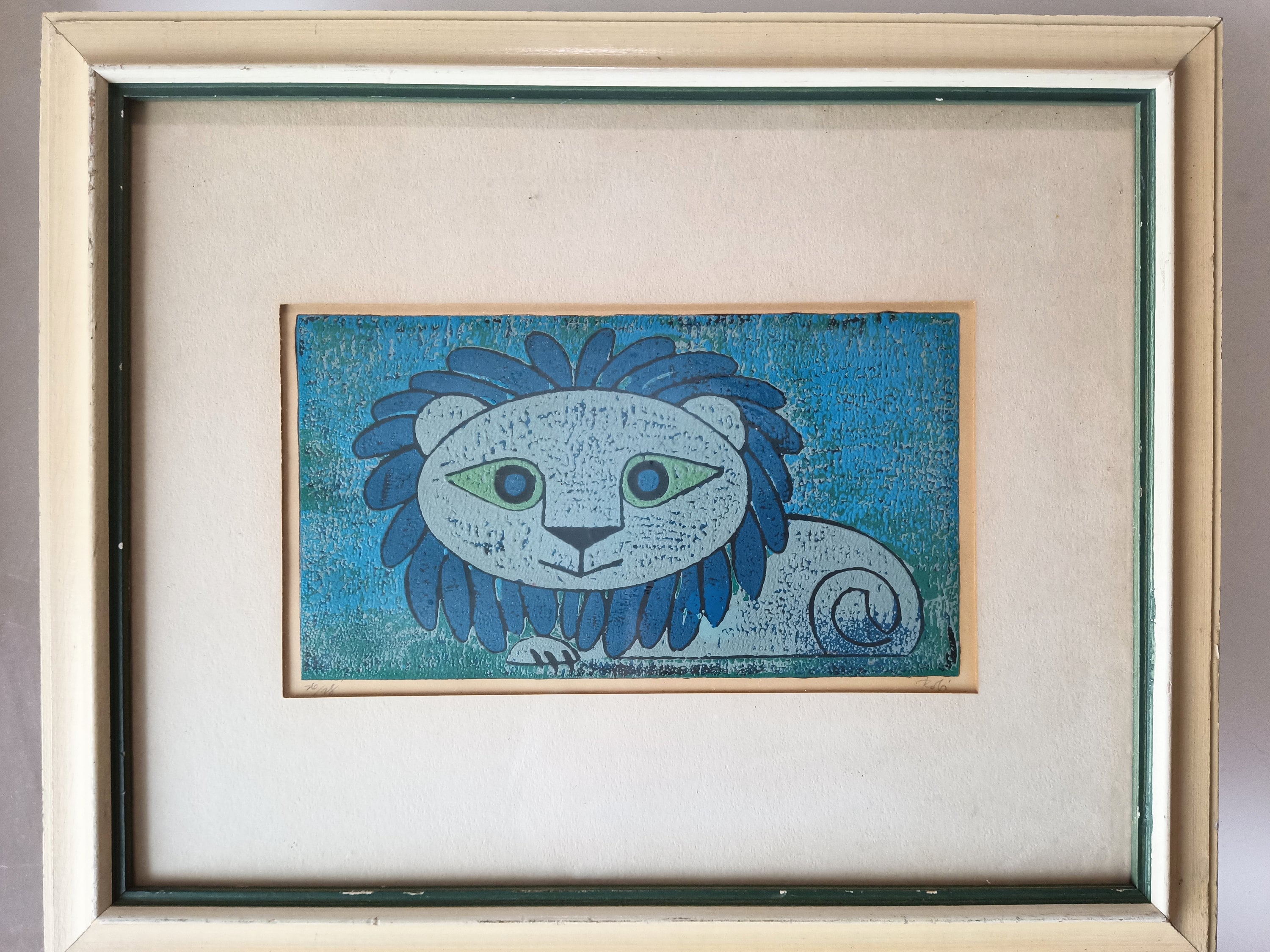 Lion Robi Al Robi (elvin Robichaud) Original Blue Lion Linocut Print, Mid-century ...