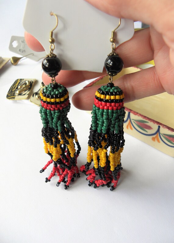 Boho Earrings Multicolour Multicolor Dangly Beads Long Dangly Gypsy Tribal Asian Eastern Style