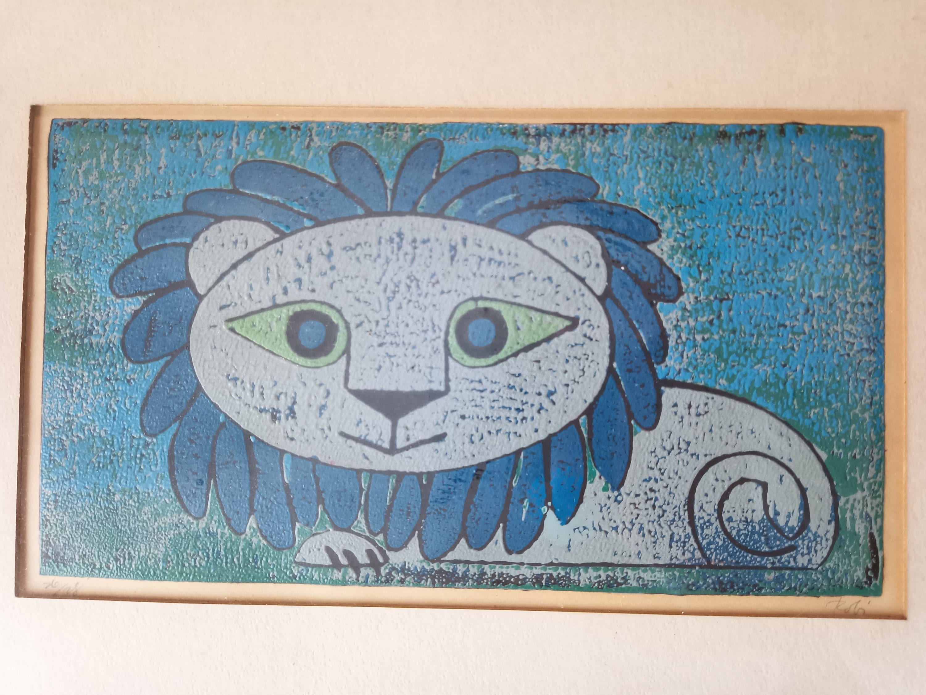 Lion Robi Al Robi (elvin Robichaud) Original Blue Lion Linocut Print, Mid-century ...