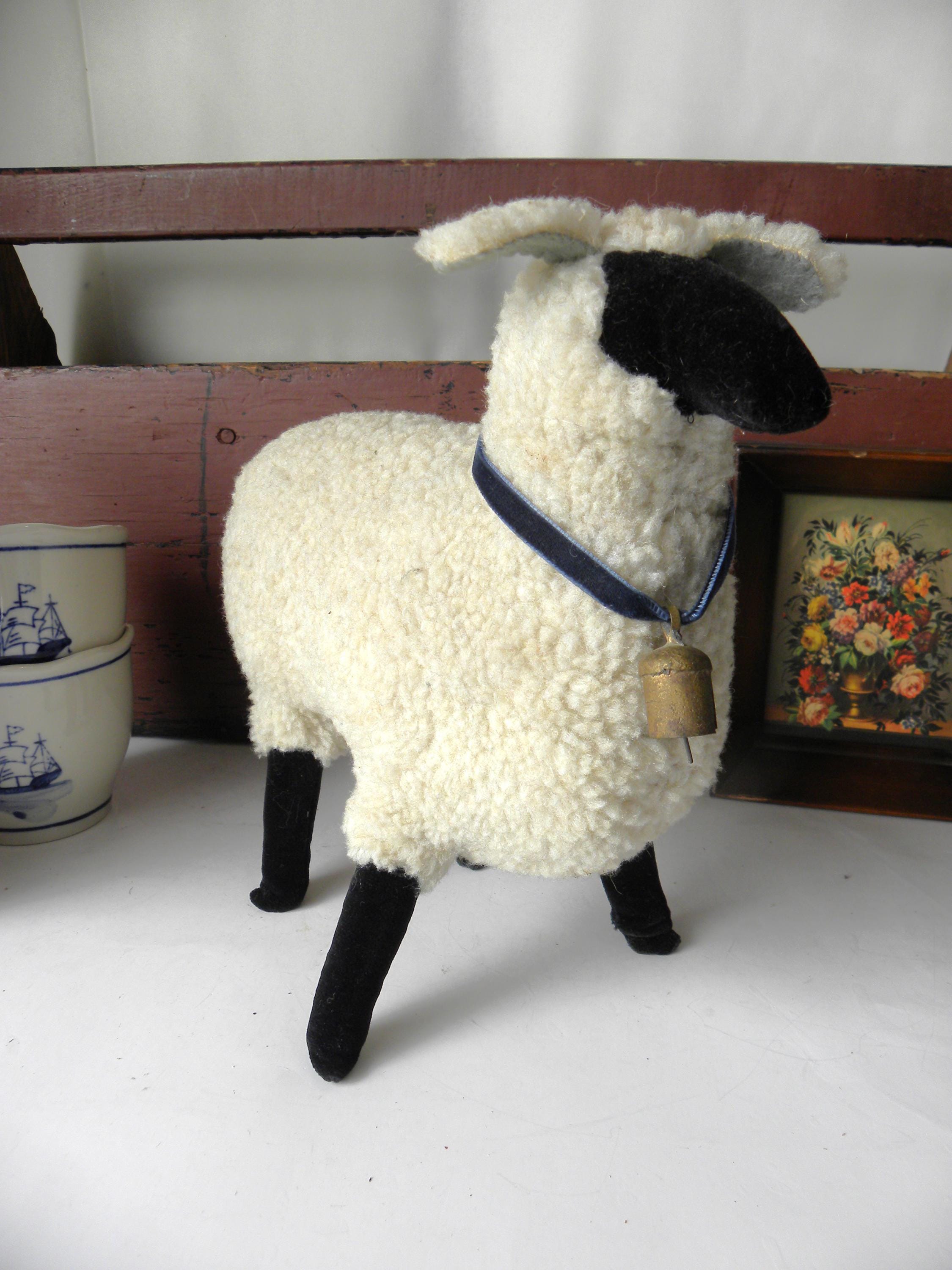 Antique Primitive Stuff Wool Sheep Lamb With Blue Velvet