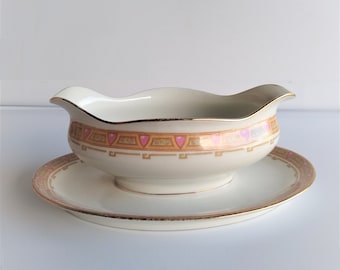 Antique WM Guerin & Co France Limoges Gravy Boat with plate attached, Art Deco Porcelain Gravy Boat