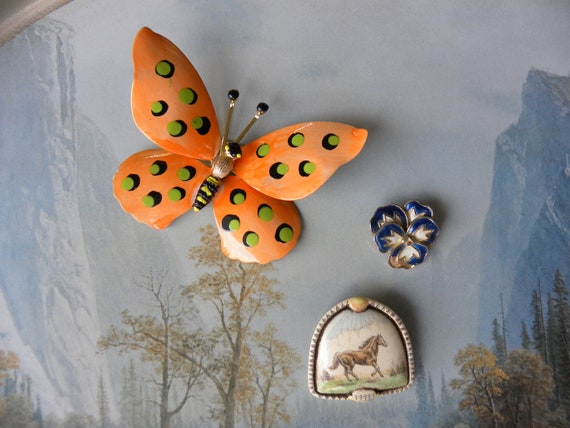Enameled Butterfly Brooch Pin, Orange Enamel Butt… - image 7