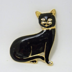 Vintage Black Enamel Cat Pin: Crystal Eyes, Gold Accents