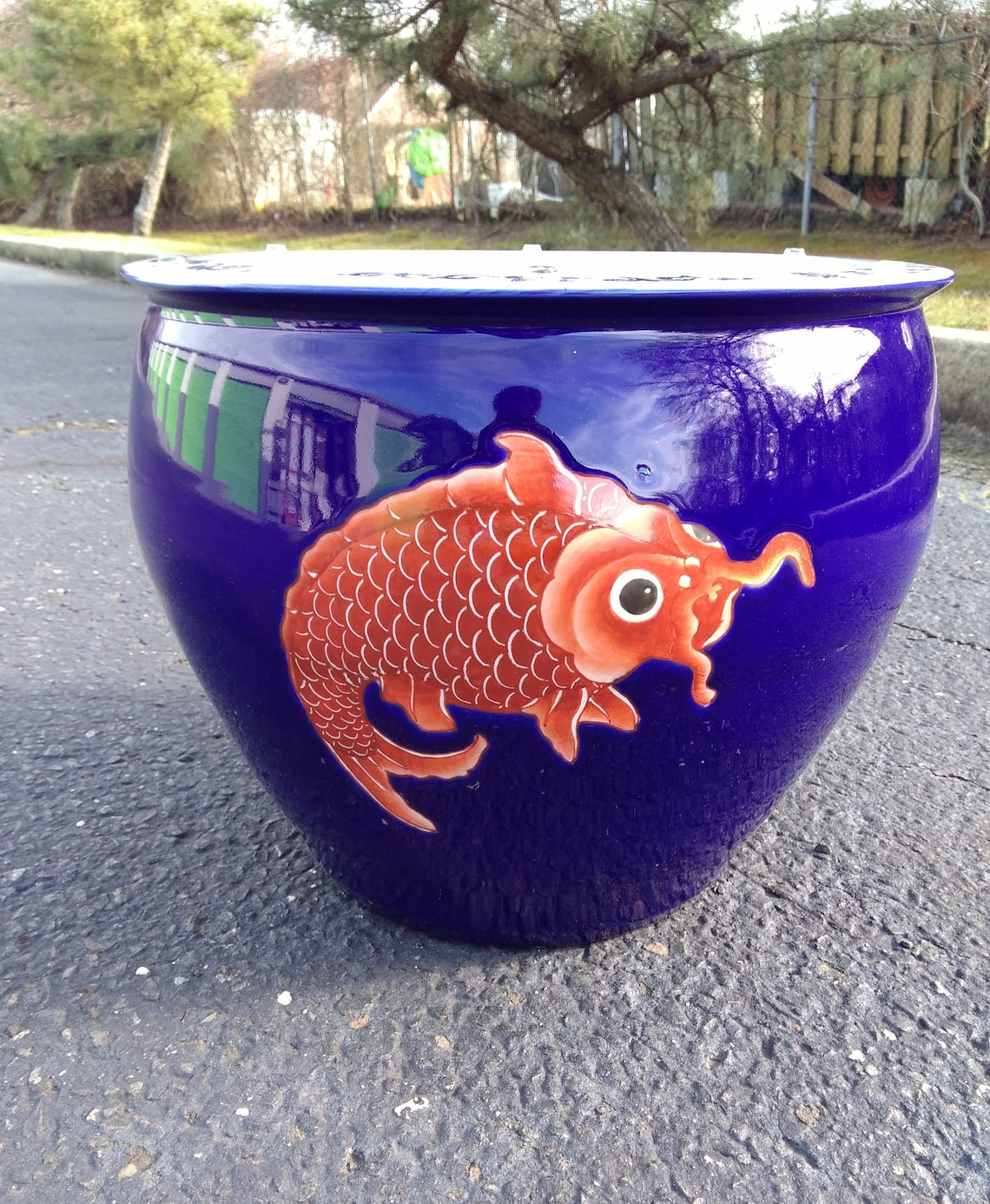 Cobalt Blue Planter Fish Bowl with Orange Koi Fish Planter Etsy