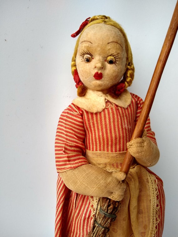 Baby Jane Doll Antique Lenci Style Doll With Broom. Big Eye Etsy