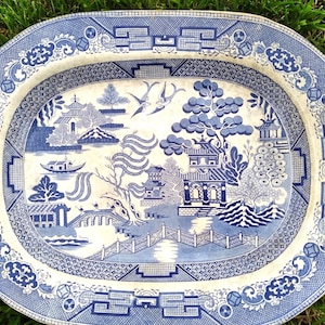 Blue Willow Meat Platter 19th Century Transferware Old English Blue White Meat Platter Cottage Farmhouse 18&quot; Wall Plate Decor