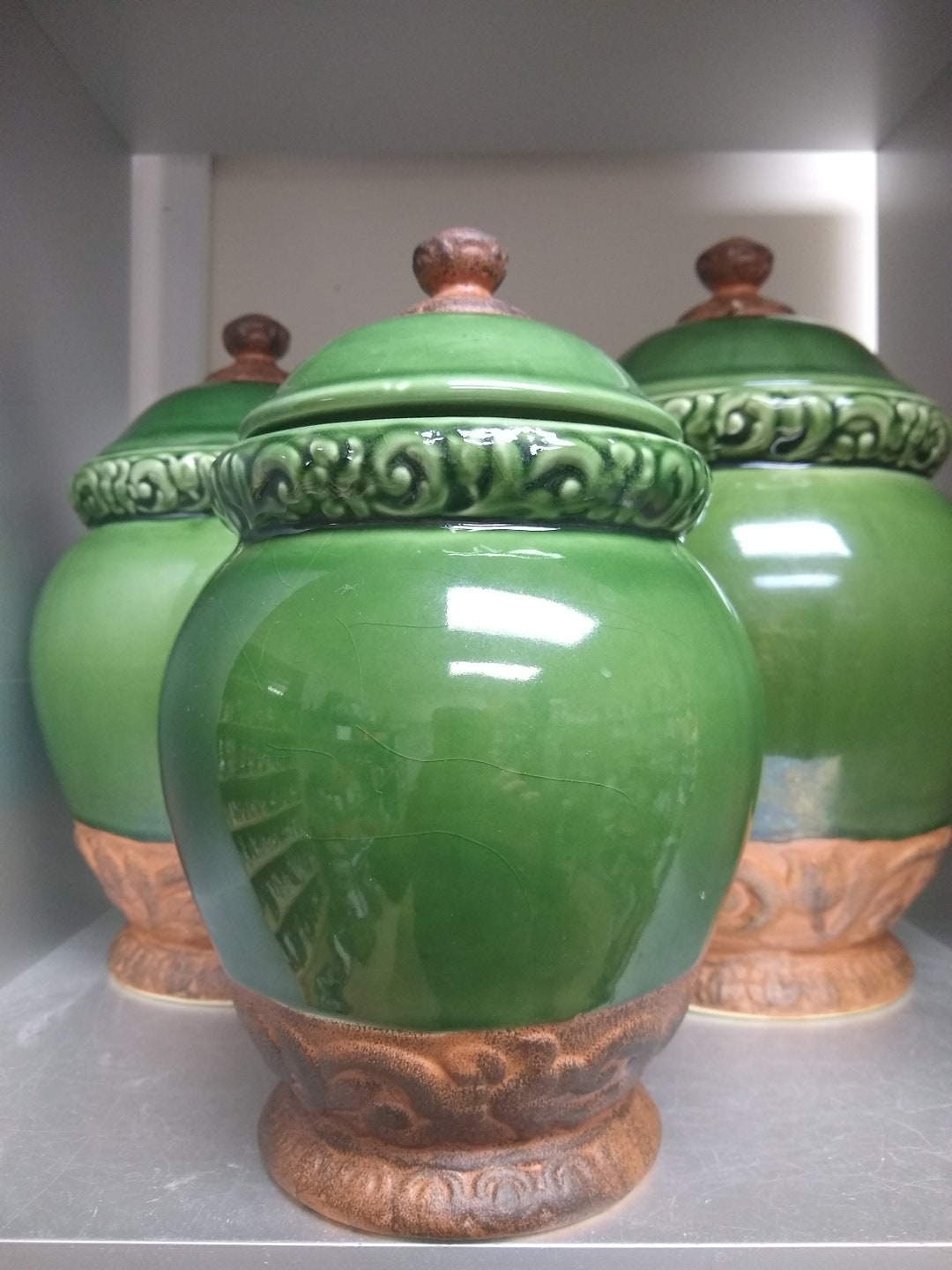 Green Canister Set, Large Ceramic Certified International Primitive