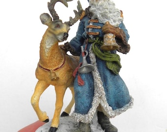 Folk Art Primitive Vintage Father Santa with Reindeer Resin Figurine, Christmas Decor