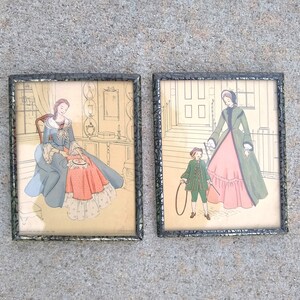 Vintage Colonial Fashion Plate Lithographs: 1940s Framed Wall Art Set