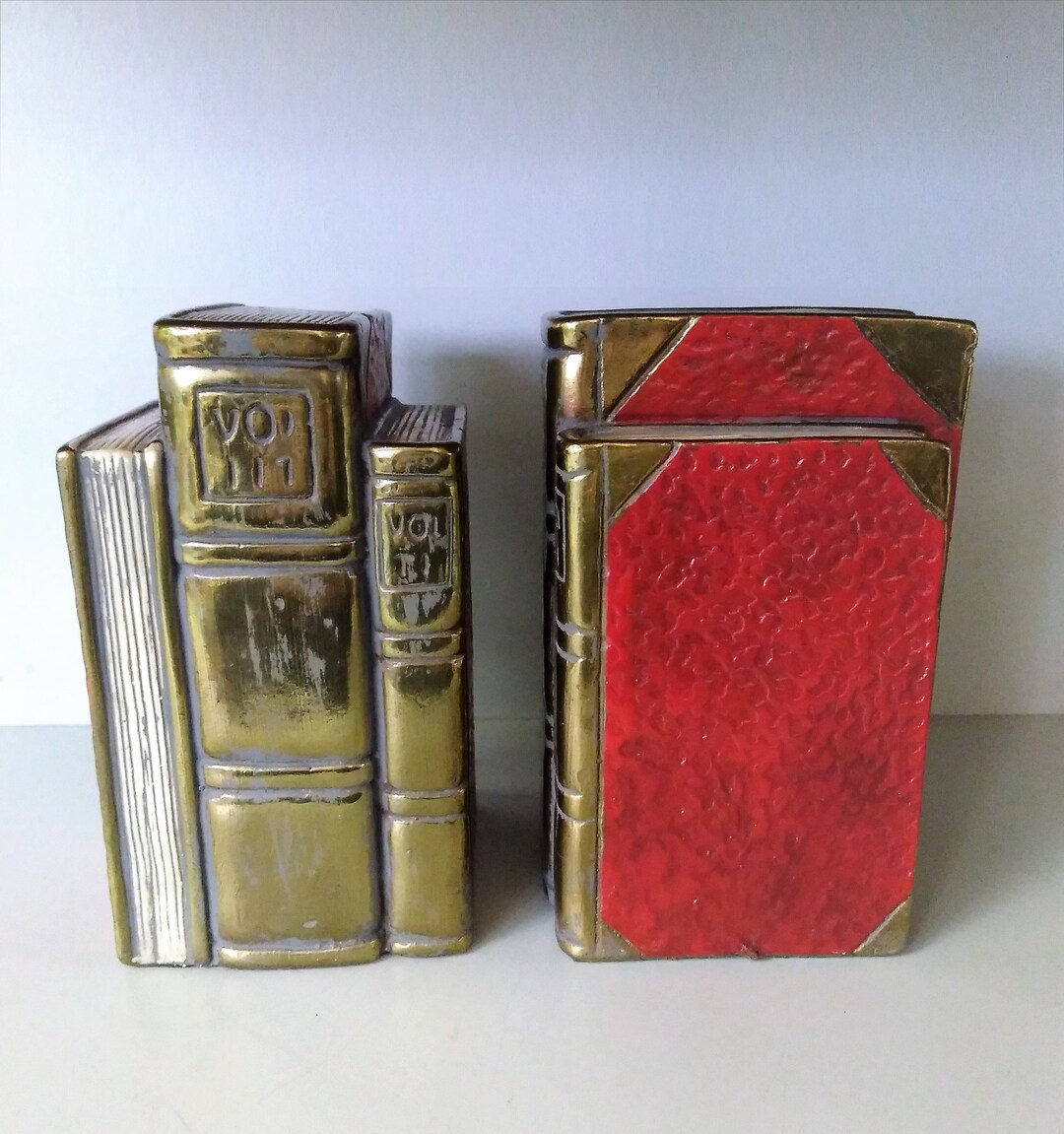 Brass Bookends Stack of Brass Books Bookends With Red Enamel Etsy