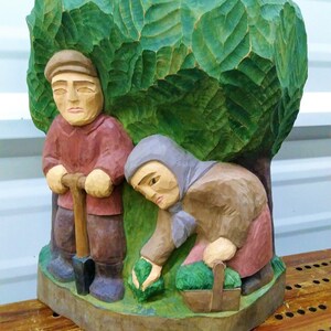 Folk Art Wood Block Sculpture: Hand Carved Planting Scene, Signed