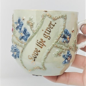 Antique Victorian German Teacup: &quot;Love the Giver&quot; Gold Lettering & Raised Floral Design