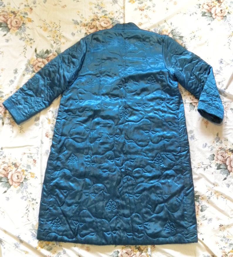 Vintage Textile Blue Quilted Coat Nice! Oriental Blue Quilted Evening Cocktail Jacket Coat Peony Shanghai