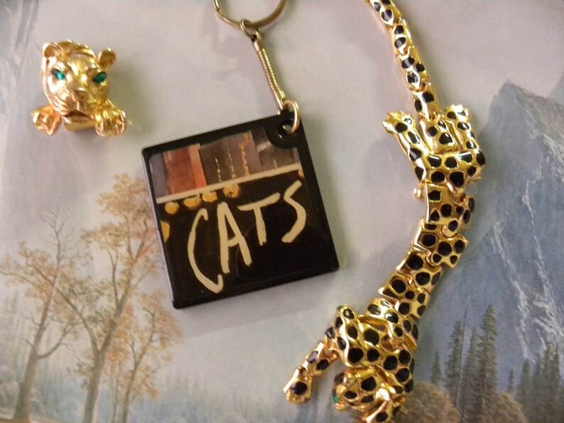 May include: A gold-tone keychain with a black square charm that says "CATS" in white lettering. There is also a gold-tone cat brooch with green eyes and a gold-tone necklace with a black and gold leopard design.