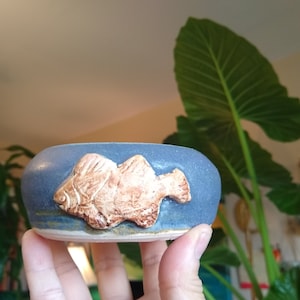 Studio Pottery Earthenware Fish Relief Bowl Signed by artist Hand Thrown Pottery Blue Glaze Quacamole Bowl, Vintage Olive Bowl, Hummus Bowl