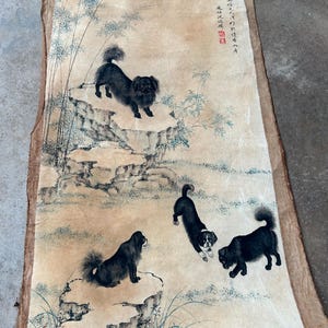 Vecchio dipinto su rotolo, cani, dipinto su carta di riso, decorazione da parete senza cornice/montato, dipinto impressionista di paesaggio, dipinto perfetto, dipinto a pennello