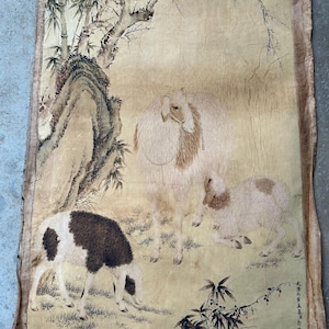 Vecchio dipinto su rotolo, dipinto su carta di riso con pecore, decorazione murale senza cornice/montato, dipinto impressionista di paesaggio, dipinto perfetto con pennello.