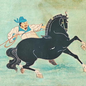 Vecchio disegno di animale dipinto a pennello, arte del paesaggio, pittura su rotolo, pittura su carta di riso, decorazione da parete montata/cornice, tema cavallo
