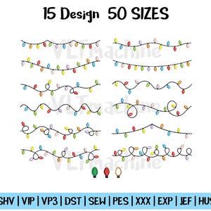 Puede incluir: Ilustración de 15 diseños de luces navideñas, cada uno con bombillas de colores sobre cables negros. La imagen incluye el texto "15 Diseños 50 TAMAÑOS" y una lista de formatos de archivo. Ideal para manualidades y decoraciones festivas.