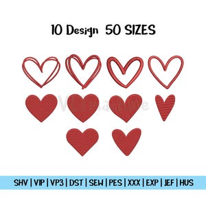 Puede incluir: Imagen con diez diseños de corazones rojos diferentes, tanto sólidos como delineados. El texto "10 Design 50 SIZES" está en la parte superior. Abajo hay abreviaturas de tipos de archivo.